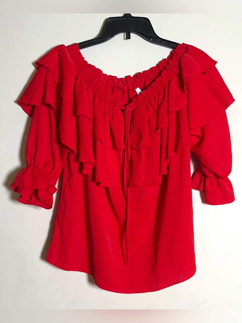 Red Off-Shoulder Ruffle Blouse with Tie Front